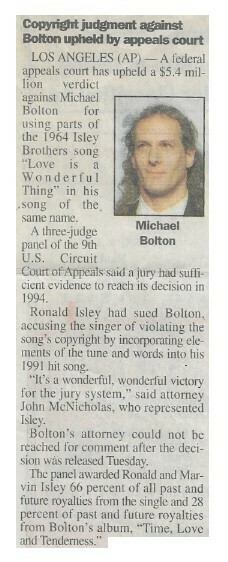 Bolton, Michael / Copyright Judgement Against Bolton Upheld By Appeals Court | Newspaper Article | May 2000