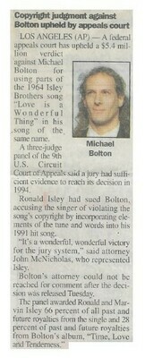 Bolton, Michael / Copyright Judgement Against Bolton Upheld By Appeals Court | Newspaper Article | May 2000