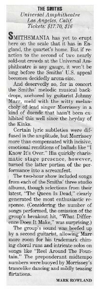 Smiths, The / Los Angeles, CA (Universal Amphitheatre) | Magazine Review | 1986