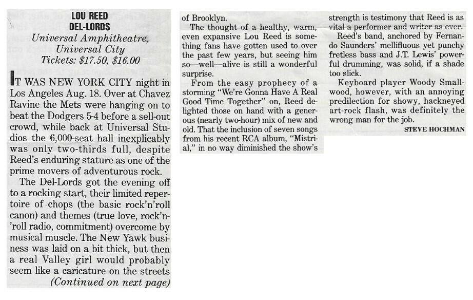 Reed, Lou / Los Angeles, CA (Universal Amphitheatre) | Magazine Review | August 1986