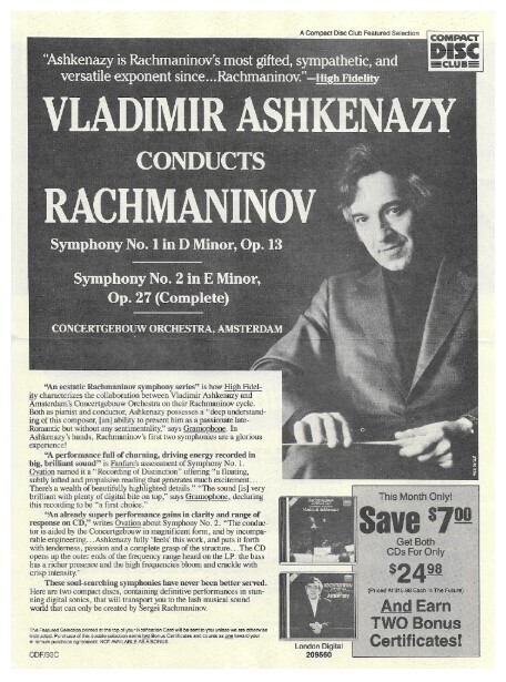 Ashkenazy, Vladimir / Conducts Rachmaninov | Magazine Ad | 1987
