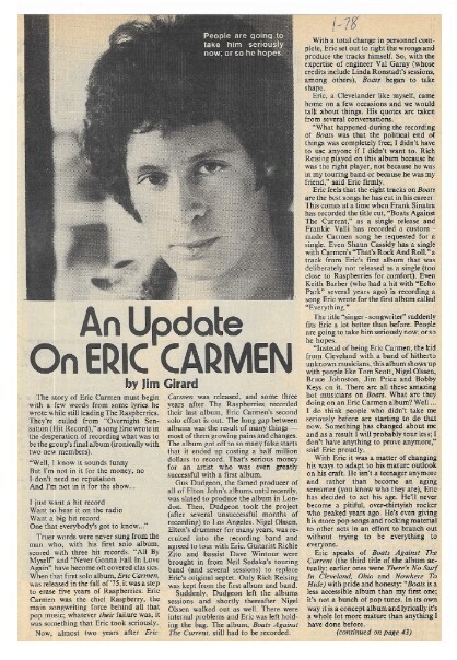 Carmen, Eric / An Update On Eric Carmen | Magazine Article | January 1978