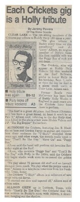 Holly, Buddy / Each Crickets Gig is a Holly Tribute | Newspaper Article | 1992