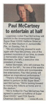 McCartney, Paul / To Entertain at Half | Newspaper Article | February 2005