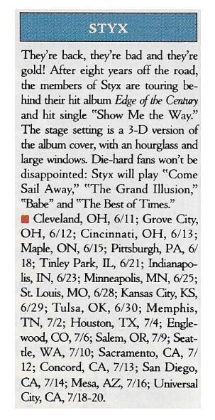 Styx / Tour Dates and Story / 1991