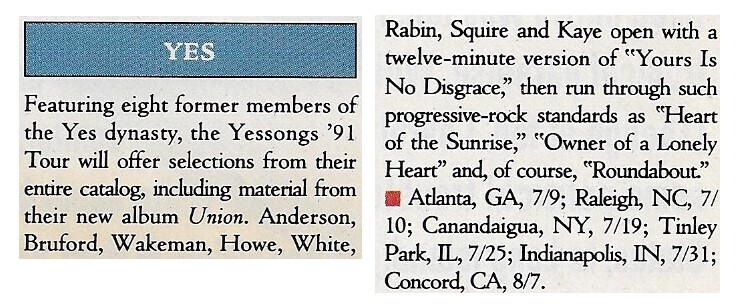 Yes / Tour Dates and Story | Magazine Article | 1991