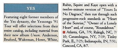 Yes / Tour Dates and Story | Magazine Article | 1991