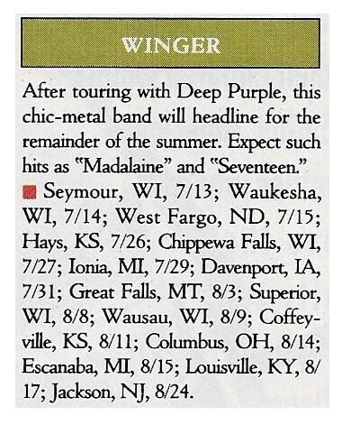 Winger / Tour Dates and Story / 1991