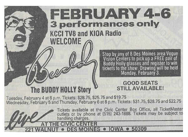 Holly, Buddy / The Buddy Holly Story (Musical) | Newspaper Ad | February 1992 | Des Moines, IA Show