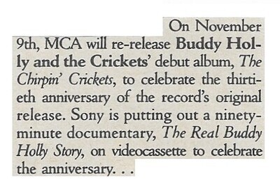 Holly, Buddy / MCA to Re-Release 'The Chirpin' Crickets' | Magazine Article | November 1987