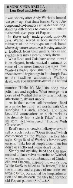 Reed, Lou / Songs for Drella | Magazine Review | June 1990 | with John Cale