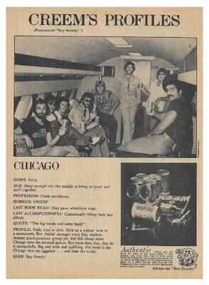 Chicago / Creem&#39;s Profiles (Boy Howdy Beer Ad) | Magazine Ad | Spring 1977
