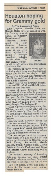 Houston, Whitney / Houston Hoping for Grammy Gold | Newspaper Article | March 1994