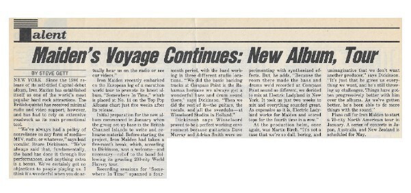 Iron Maiden / Maiden&#39;s Voyage Continues: New Album, Tour | Magazine Article | November 1986