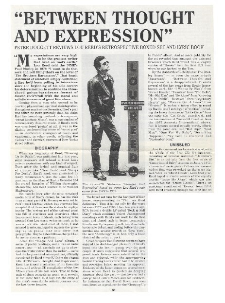 Reed, Lou / Between Thought and Expression | Magazine Review | June 1992