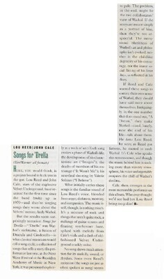 Reed, Lou (+ John Cale) / Songs for Drella | Magazine Review | 1990