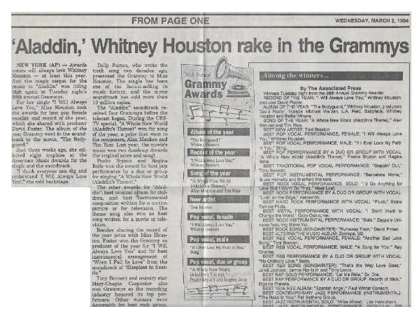 Houston, Whitney / Aladdin, Whitney Houston Rake in the Grammys | Newspaper Article | March 1994
