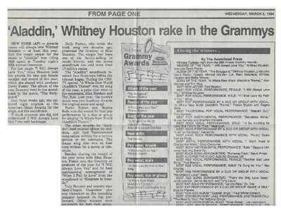 Houston, Whitney / Aladdin, Whitney Houston Rake in the Grammys | Newspaper Article | March 1994