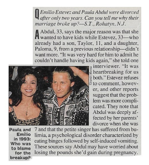 Abdul, Paula / Who Was to Blame for the Breakup? | Magazine Article | 1995 | with Emilio Estevez