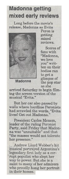 Madonna / Madonna Getting Mixed Early Reviews | Newspaper Article | 1996
