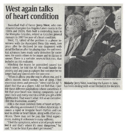 West, Jerry / West Again Talks of Heart Condition | Newspaper Article | March 2011