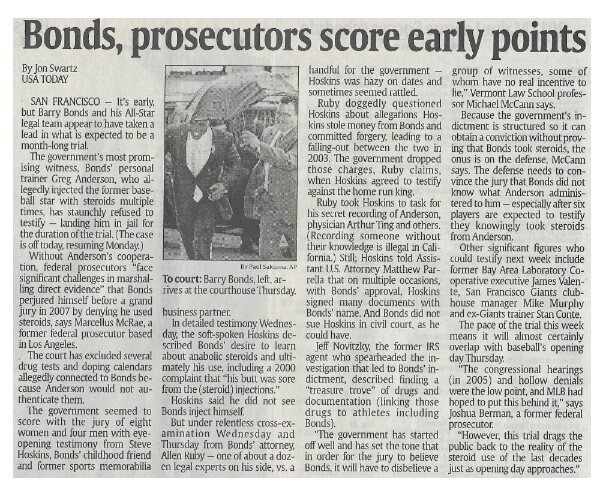Bonds, Barry / Bonds, Prosecutors Score Early Points | Newspaper Article | March 2001 | San Francisco Giants