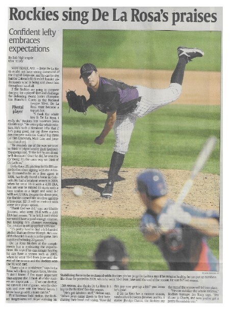 De La Rosa, Jorge / Rockies Sing De La Rosa&#39;s Praises | Newspaper Article | March 2011 | Colorado Rockies