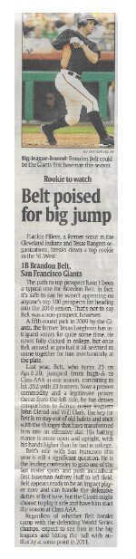 Belt, Brandon / Belt Poised for Big Jump | Newspaper Article | March 2011 | San Francisco Giants