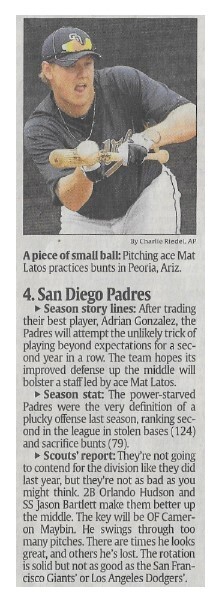 Latos, Mat / A Piece of Small Ball | Newspaper Article | March 2011 | San Diego Padres