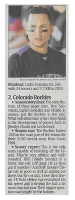 Gonzalez, Carlos / Breakout | Newspaper Article | March 2011 | Colorado Rockies