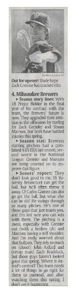Greinke, Zack / Out for Opener | Newspaper Article | March 2011 | Milwaukee Brewers