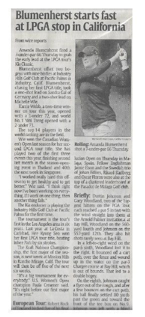 Blumenherst, Amanda / Blumenherst Starts Fast at LPGA Stop in California | Newspaper Article | March 2011 | Golf