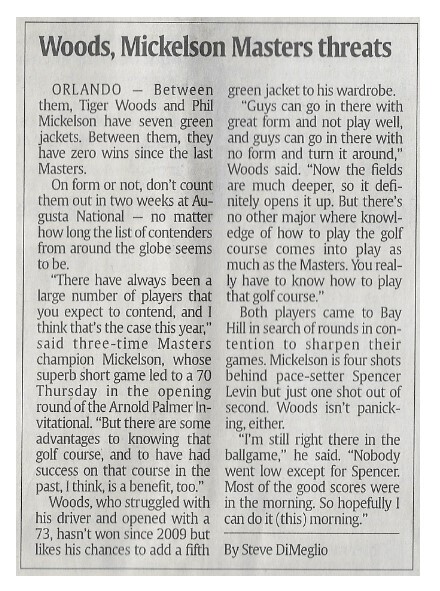 Woods, Tiger / Woods, Mickelson Masters Threats | Newspaper Article | March 2011 | with Phil Mickelson | Golf