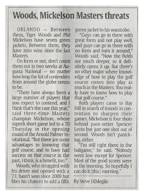Woods, Tiger / Woods, Mickelson Masters Threats | Newspaper Article | March 2011 | with Phil Mickelson | Golf