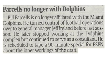 Parcells, Bill / Parcells No Longer with Dolphins | Newspaper Article | March 2011