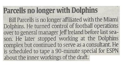 Parcells, Bill / Parcells No Longer with Dolphins | Newspaper Article | March 2011