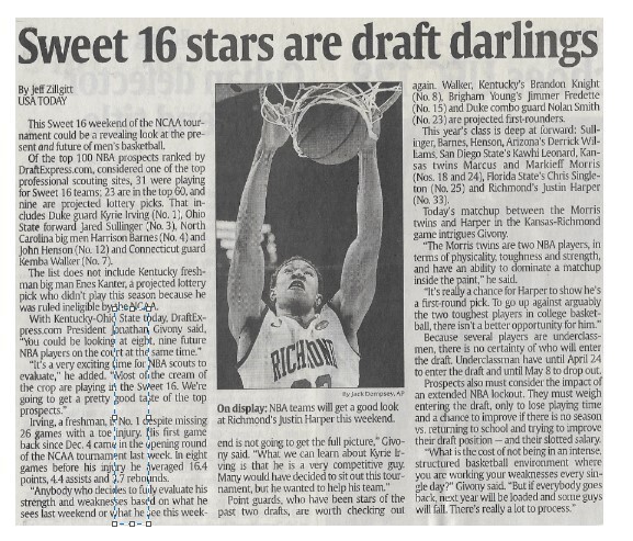 Harper, Justin / Sweet 16 Stars Are Draft Darlings | Newspaper Article | March 2011