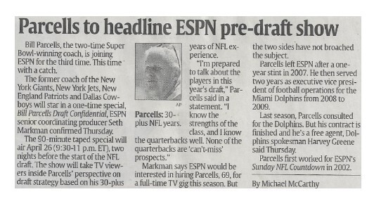 Parcells, Bill / Parcells to Headline ESPN Pre-Draft Show | Newspaper Article | March 2011