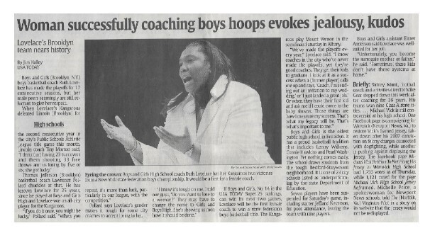 Lovelace, Ruth / Woman Successfully Coaching Boys Hoops Evokes Jealousy, Kudos | Newspaper Article | March 2011