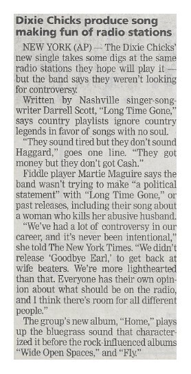 Dixie Chicks / Produce Song Making Fun of Radio Stations | Newspaper Article | August 2002