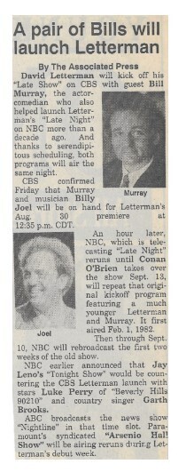 Joel, Billy / A Pair of Bills Will Launch Letterman | Newspaper Article | August 1993 | with Bill Murray