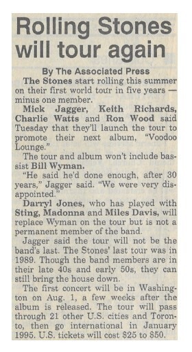 Rolling Stones, The / Rolling Stones Will Tour Again | Newspaper Article | May 1994