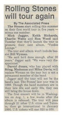 Rolling Stones, The / Rolling Stones Will Tour Again | Newspaper Article | May 1994