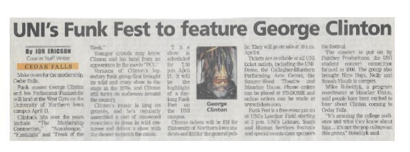Clinton, George / UNI's Funk Fest to Feature George Clinton | Newspaper Article | March 2002