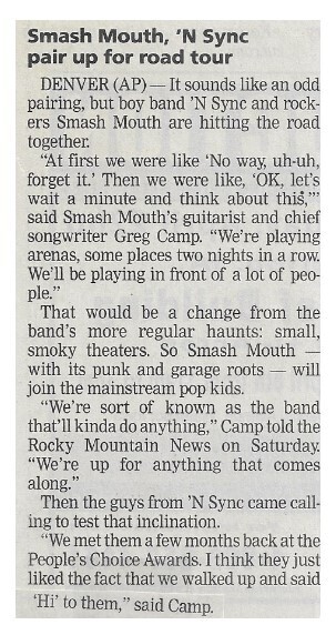 Smash Mouth / Smash Mouth, &#39;N Sync Pair Up for Road Tour | Newspaper Article | March 2002
