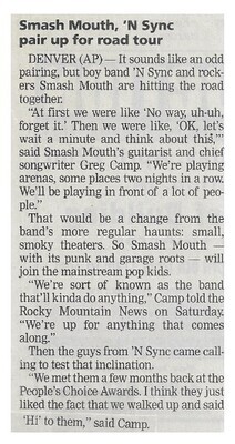 Smash Mouth / Smash Mouth, &#39;N Sync Pair Up for Road Tour | Newspaper Article | March 2002