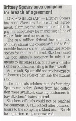 Spears, Britney / Britney Spears Sues Company for Breach of Agreement | Newspaper Article | December 2002