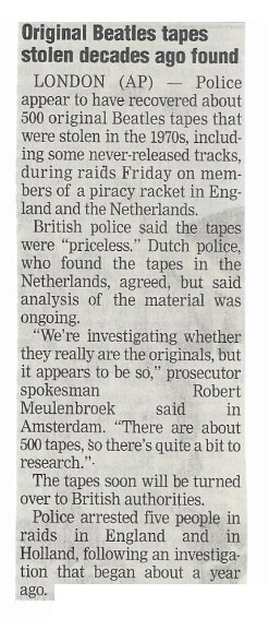 Beatles, The / Original Beatles Tapes Stolen Decades Ago Found | Newspaper Article | January 2003