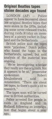 Beatles, The / Original Beatles Tapes Stolen Decades Ago Found | Newspaper Article | January 2003