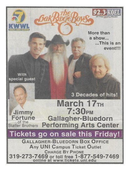 Oak Ridge Boys / Cedar Falls, IA | Newspaper Ad | March 2003